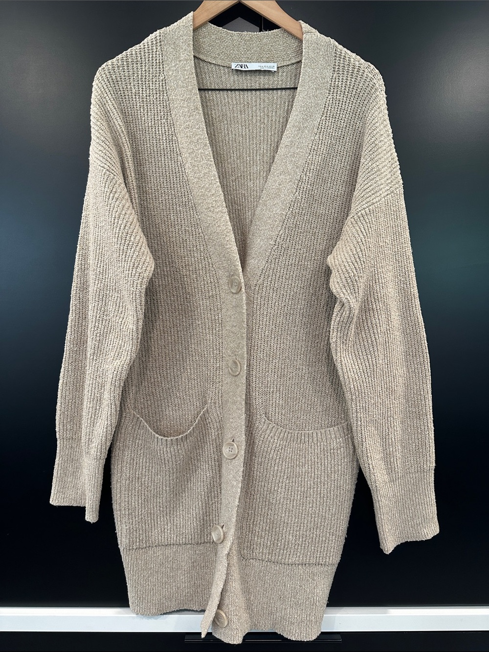 Zara Oversized Beige Long Knit Cardigan with Pockets